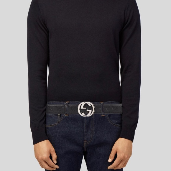 UNISEX GUCCI INTERLOCKING “G” BELT GUCCI SIZE 85 EMBOSSED LEATHER DOUBLE G LOGO - Picture 1 of 10